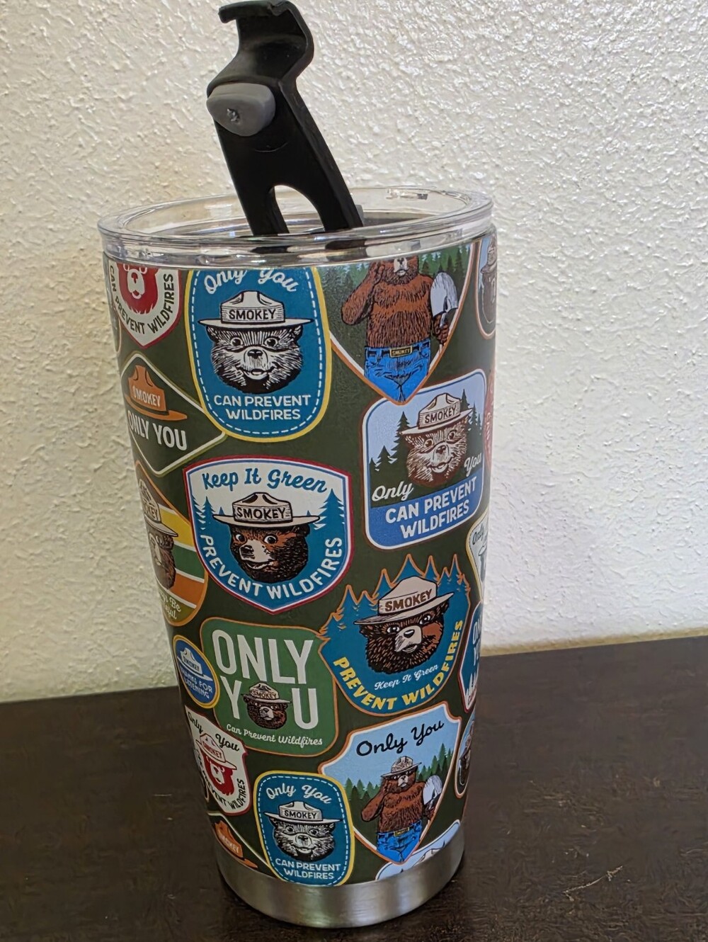 Smokey The Bear Insulated Travel Tumbler - Green Sticker Pattern, 20oz, Limited
